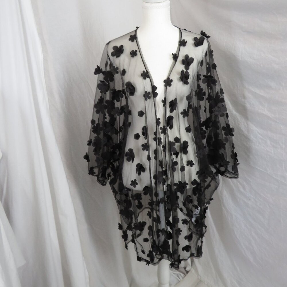 House of Harlow 1960 Sheer Floral Mesh Top Black 3D Appliqué One Size Y2K Boho